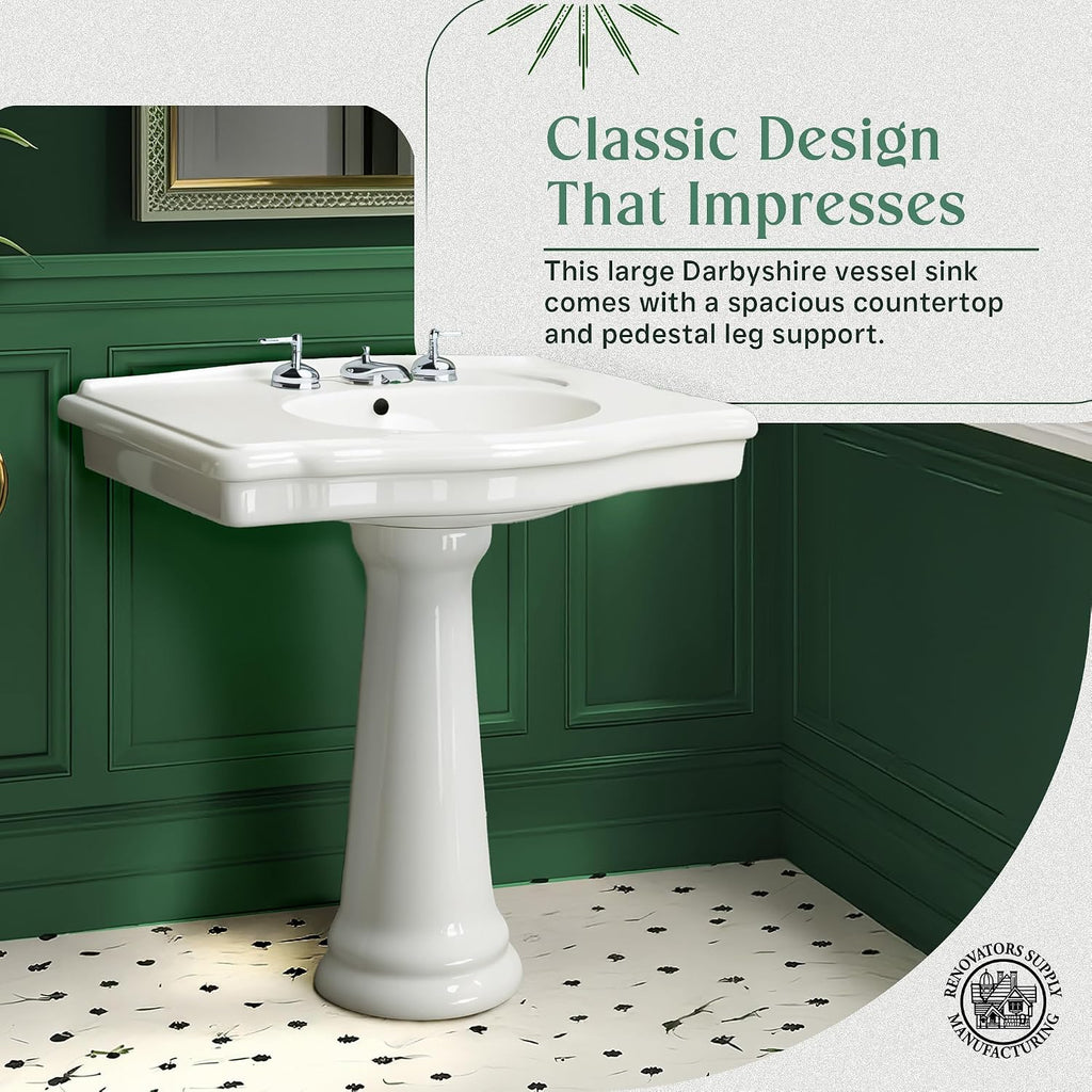 Renovators Supply Manufacturing Darbyshire 34'W x 22.5' D x 32' H Large Bathroom Pedestal Sink. Vitreous China with Overflow, 8 in. Widespread Faucet Holes