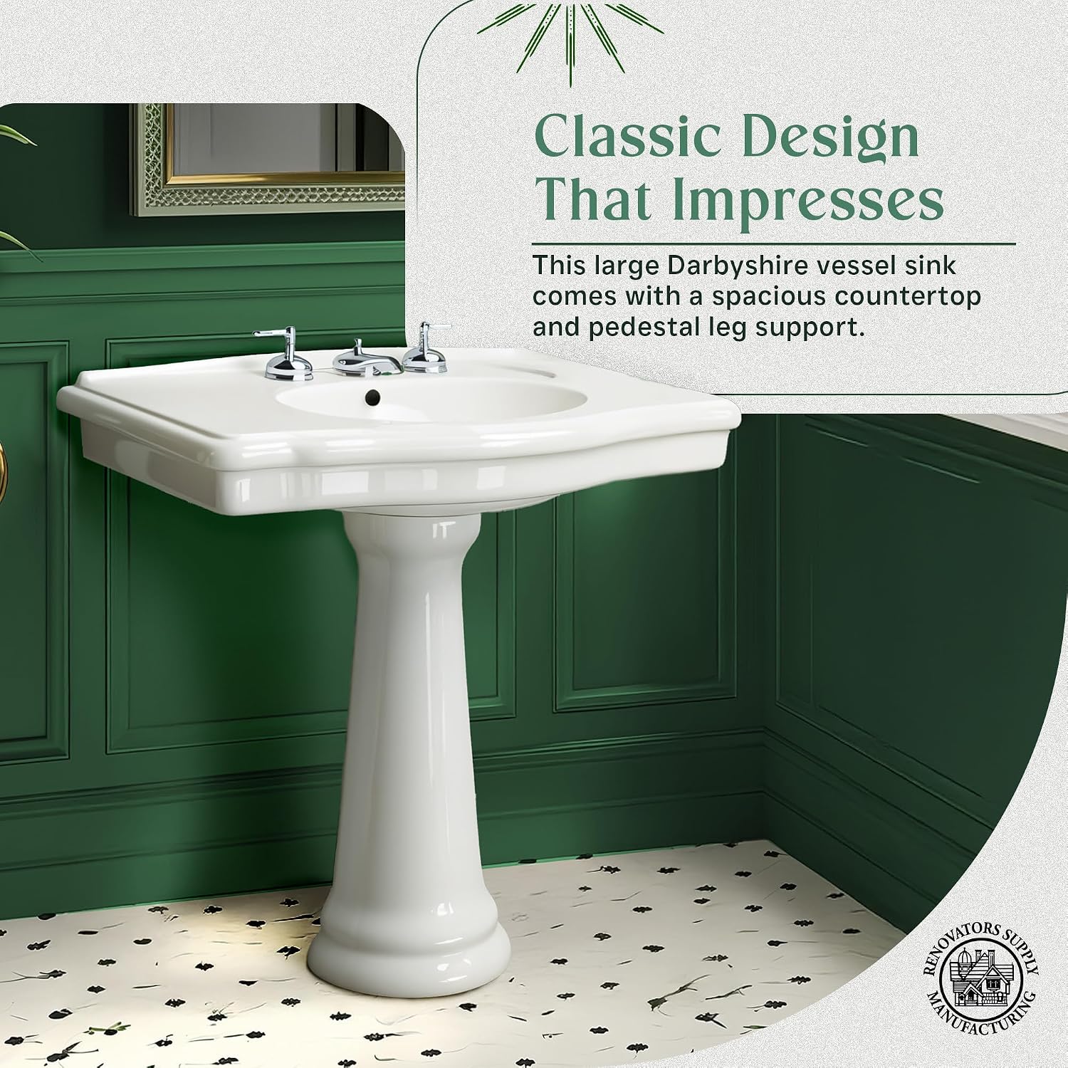 Renovators Supply Manufacturing Darbyshire 34'W x 22.5' D x 32' H Large Bathroom Pedestal Sink. Vitreous China with Overflow, 8 in. Widespread Faucet Holes