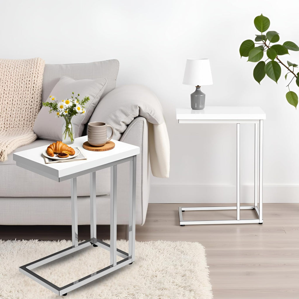 Lavish Home C-Shaped Side Tables Set of 2 – Modern Sofa End Tables or Bedside Nightstands – Space-Saving Laptop Tray Tables for Small Spaces (White)