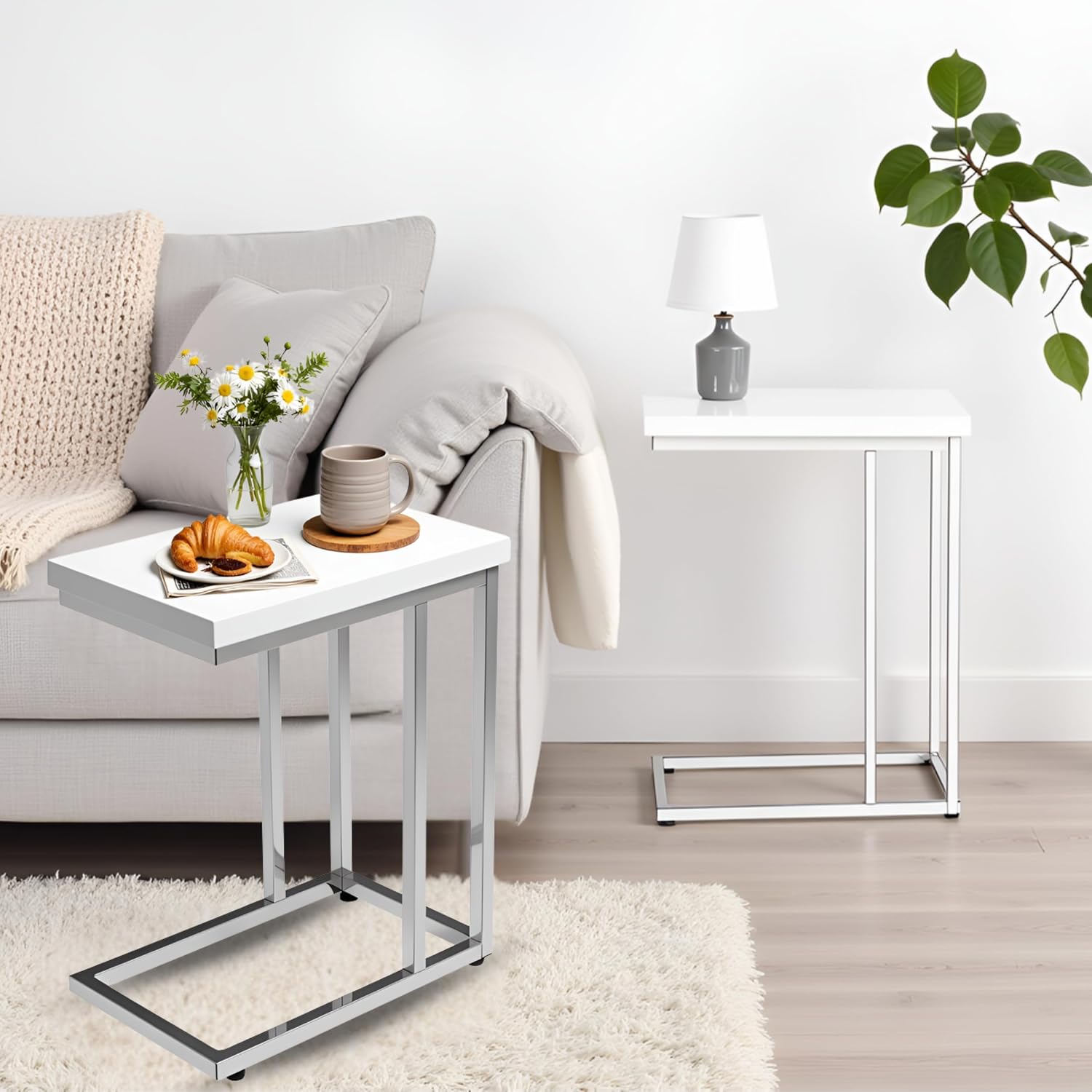 Lavish Home C-Shaped Side Tables Set of 2 – Modern Sofa End Tables or Bedside Nightstands – Space-Saving Laptop Tray Tables for Small Spaces (White)