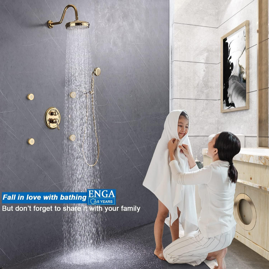 Enga Antique Shower Faucet Sets 8 inch Rainfall Head with Body Jets Handheld Spray Fixtures Combo, Brass 3 Way Diverter Rough in Valve Trim Kit, Bright Gold