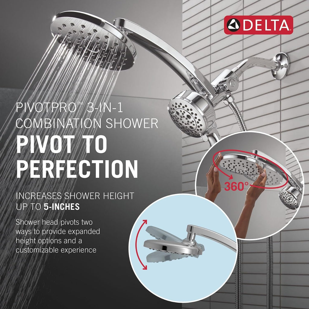 Delta 7-Setting PivotPro 3-in-1 Combination Shower Head with ProClean Spray, Brushed Gold Round Shower Head Rainfall with Handheld Spray, 1.75 GPM, Lumicoat Champagne Bronze 58600-CZ-PR
