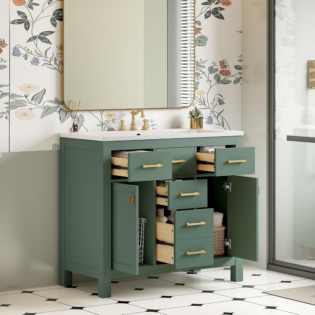 Virubi 36' Bathroom Vanities with Single Sink Set, Bathroom Storage Cabinet with 4 Drawers and 2 Soft Closing Doors, Solid Wood Frame Bathroom Sink Vanities