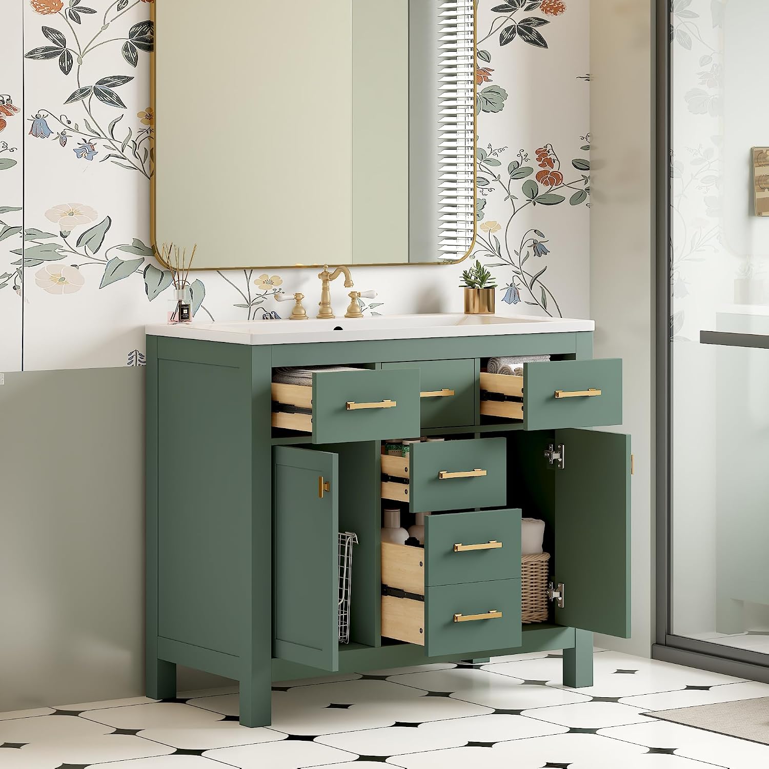 Virubi 36' Bathroom Vanities with Single Sink Set, Bathroom Storage Cabinet with 4 Drawers and 2 Soft Closing Doors, Solid Wood Frame Bathroom Sink Vanities