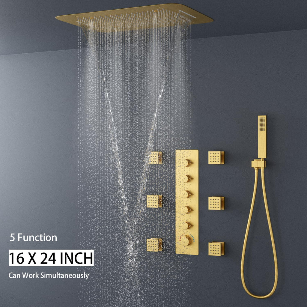 Brushed Gold Shower System with 16 X 24inch Large Triple Function Rain Waterfall Mist Shower Head, Ceiling Shower Faucet Fixtures Set with Thermostatic Shower Valve and 6PCS Shower Body Jets