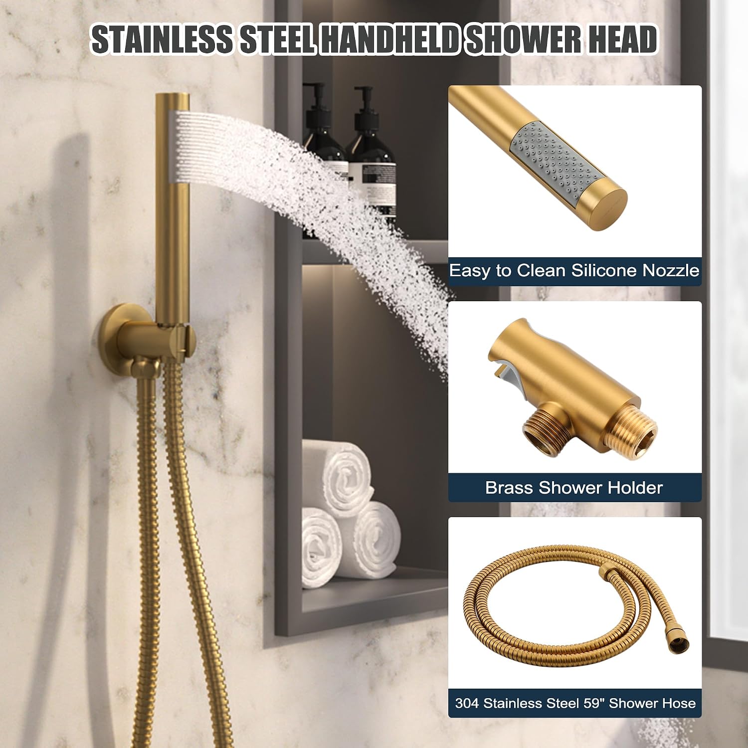 MONDAWE Round Shower Faucet Set, Wall Mounted Shower System 10 Inch Rainfall Shower Head with Handheld Combo, Brushed Gold High Pressure Rainfall Shower Set -Valve Included