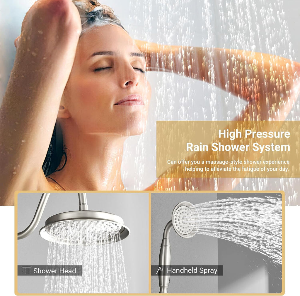 DASAN Brushed Nickel Rain Shower System Complete Antique Shower Faucet Sets, Shower Fixtures Combo Set with Pressure Balance Valve, Trim Kit, 9'' Rainfall Overhead Shower & Handheld, AT209W-BN
