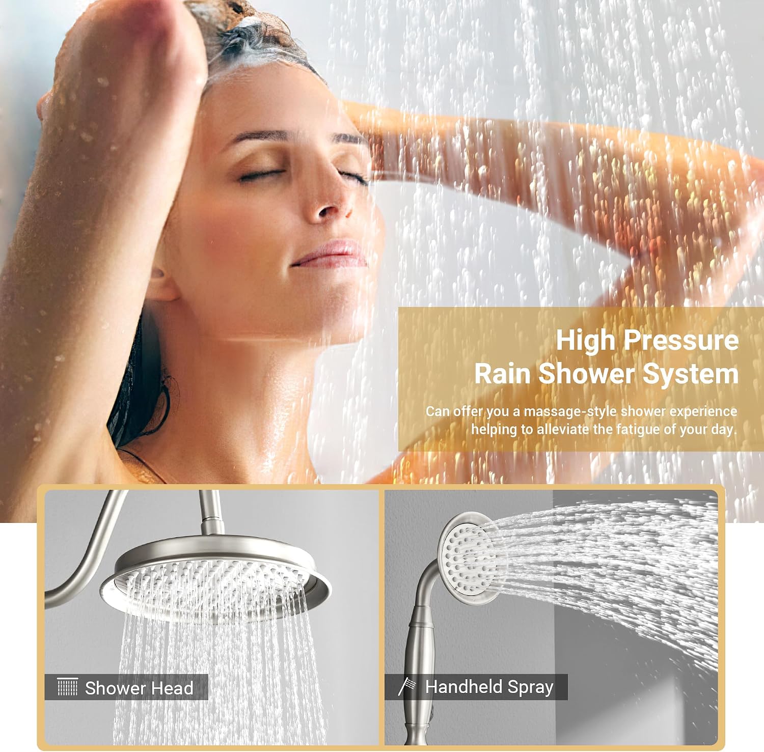 DASAN Brushed Nickel Rain Shower System Complete Antique Shower Faucet Sets, Shower Fixtures Combo Set with Pressure Balance Valve, Trim Kit, 9'' Rainfall Overhead Shower & Handheld, AT209W-BN