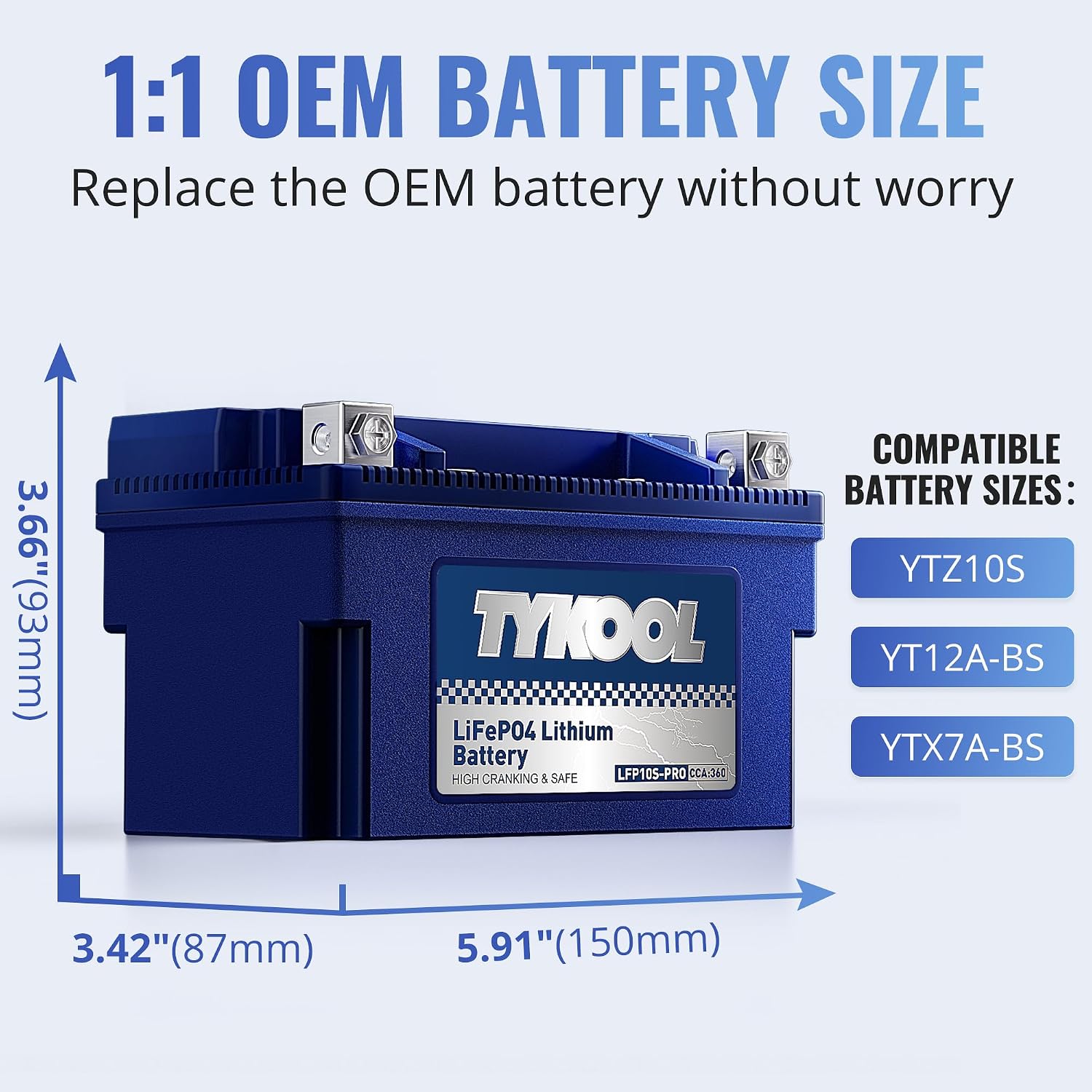 TYKOOL LFP10S-PRO Lithium Battery, Replaces YTZ10S, 360CCA 6Ah Fits for Motorcycle Scooter ATV PWC, Compatible with Honda CBR1000RR CBR600RR Yamaha R6 MT07 MT09 BMW S1000RR KTM Duke, LCD SOC Display