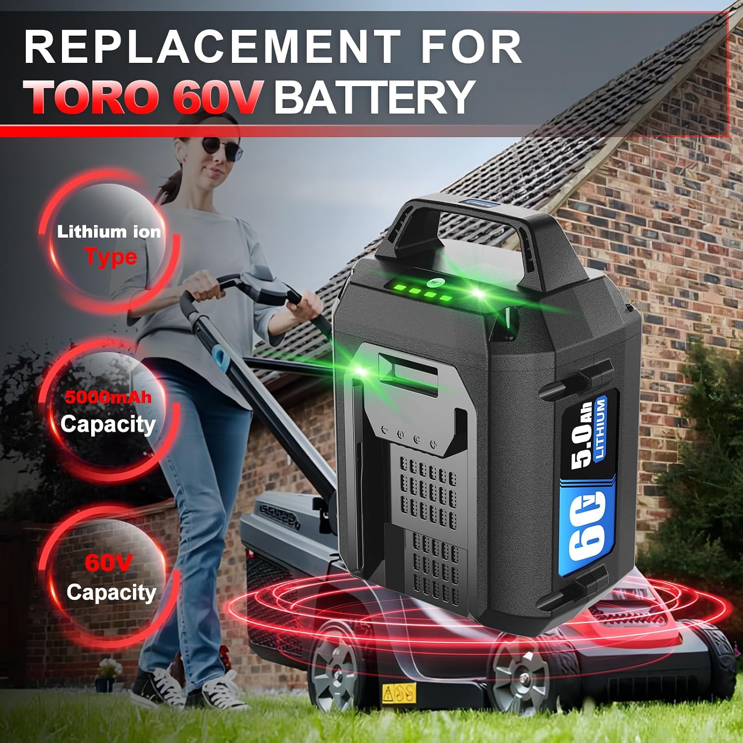 5.0Ah Replacement Battery for Toro 60V Battery 88620 88625 88640 88660 88675 Compatible with Toro 60V Battery Flex-Force Power System Tools Lawn Mowers Snow Blowers Leaf Blowers Trimmers
