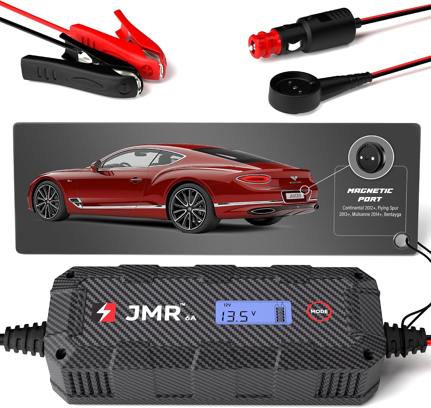 JMR Battery Charger for Bentley Continental GT Bentayga Flying Spur Mulsanne Trickle Charger Conditioner Maintainer (Magnetic Port, No Lithium Mode)
