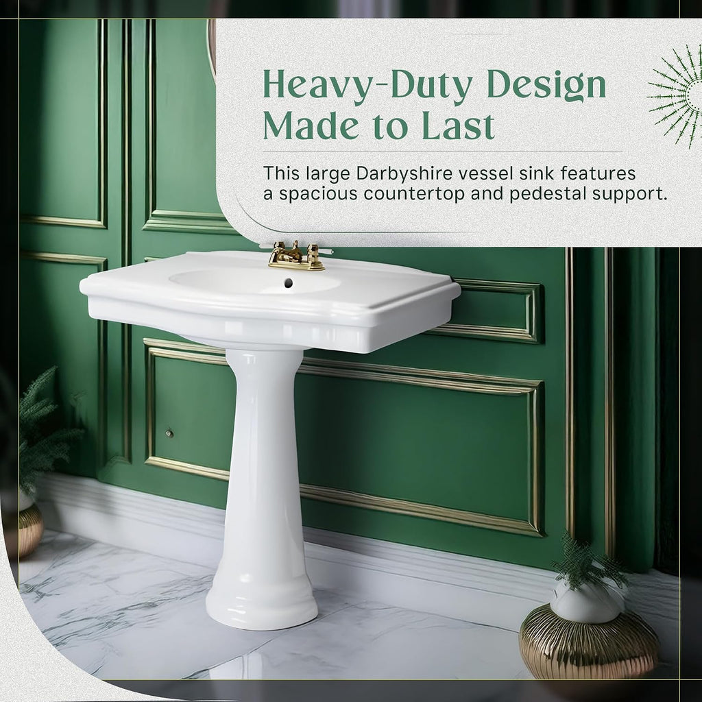 Renovators Supply Manufacturing Darbyshire 34'W x 22.5' D x 32' H Large Bathroom Pedestal Sink. Vitreous China with Overflow, 4 in. Centerset Faucets