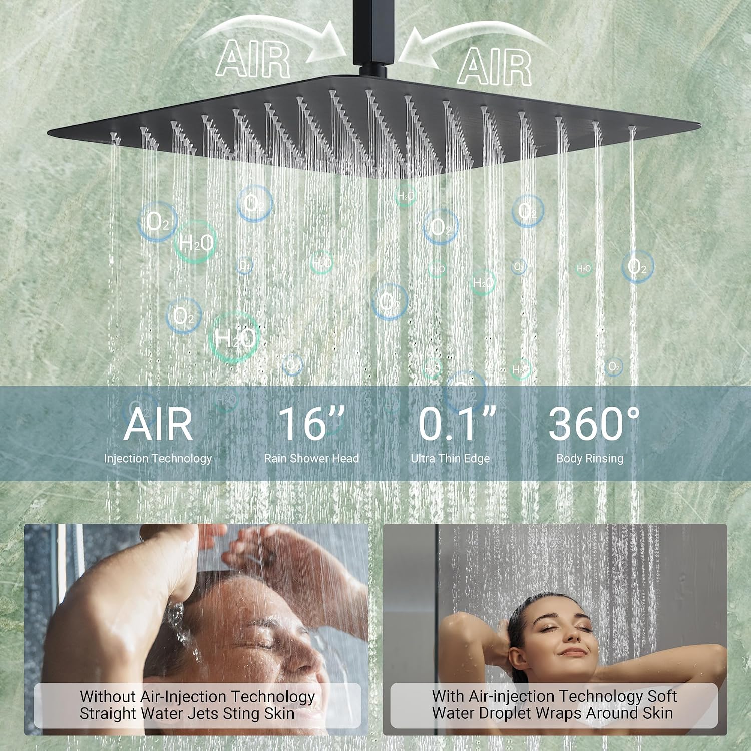 Dasan Thermostatic Dual Shower Head System with 6 Body Jets, 6-Inch Shower Head & 16' Rainfall Shower, Luxury Matte Black Shower Faucet Set Rain Shower Head System for Couples/ 2-Person