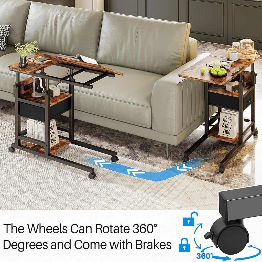 Height Adjustable Overbed Table with Wheel and Charging Station, Tiltable Desk C Shaped End Table for Couch, 2-Tier Overbed Bedside Desk with Storage Shelve for Living Room Bedroom