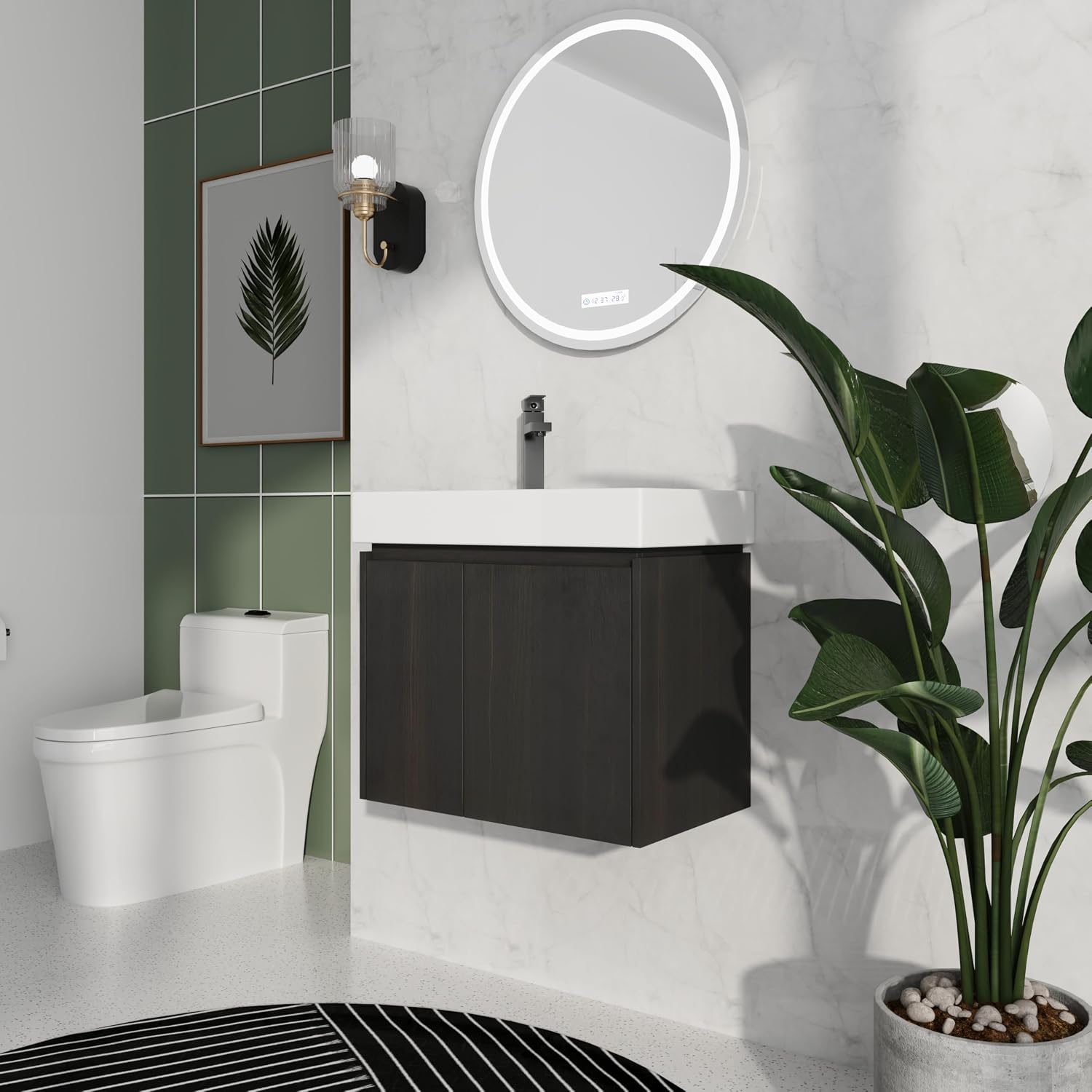 24 Inch Floating Bathroom Vanity,Bathroom Vanity with Sink,Small Bathroom Sink Cabinet with Ceramic Basin,Solid Wood Frame,Black Floating Vanity Bathroom,Wall Mounted Modern Vanity