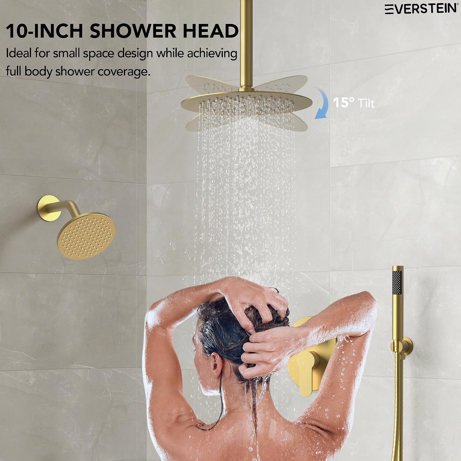 Ceiling Mount 10' High-Pressure Rainfall Shower Faucet, Dual Rainfall Shower Head System with Valve (Brushed Gold)
