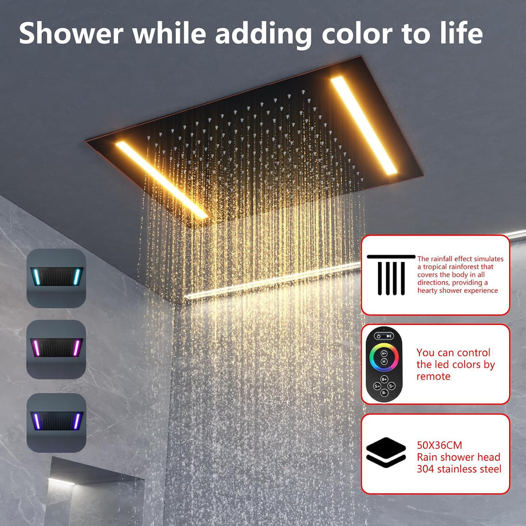 14 X 20 Inch Ceiling LED Rain Shower Head, Dual Rainfall Smart Shower System Set With 8 Inch Wall Head For Two People (Oil Rubbed Bronze)