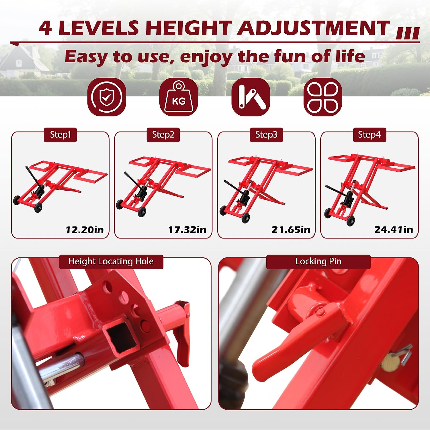 Lawn Mower Lift Jack -Lifting Platform 880 Lbs Capacity for Garden Tractors and Lawn Mowers with Manual Handle & Power Tool Extension Handle (Dark Red)