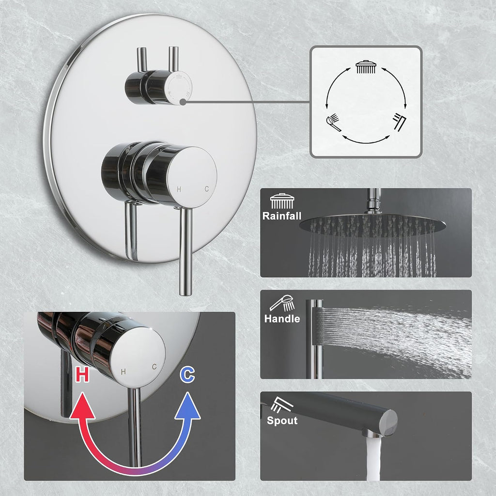 MONDAWE Round Shower Faucets Sets Complete with Tub Spout, Wall Mounted Shower System 10 Inch Rainfall Shower Head with Handheld Combo, Chrome High Pressure Shower Faucet Set