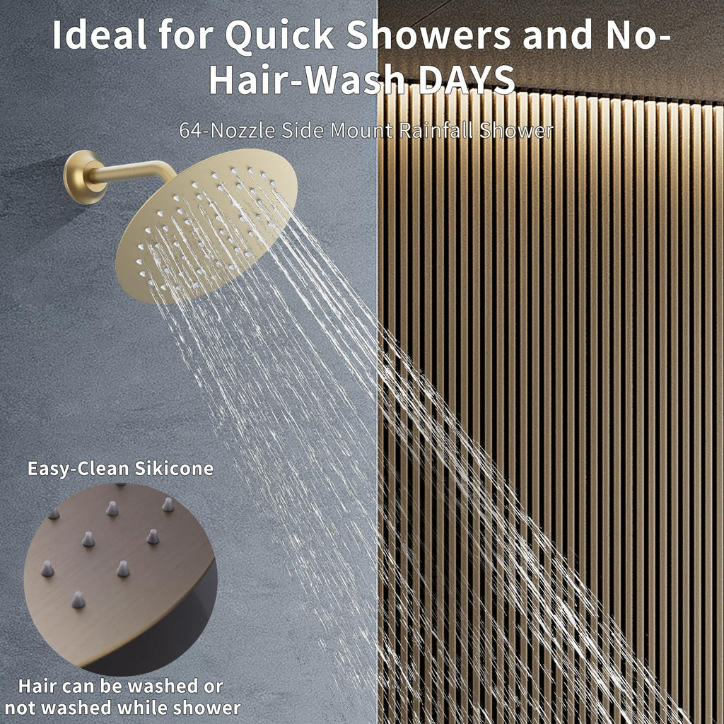 12Inch Brushed Gold Ceiling Shower System & 8Inch Wall-Mount Shower Faucet Set, 2 in 1 Handheld with Adjustable Slide Bar Included Temperature Display Valve and Trim Kit Can Work At Once
