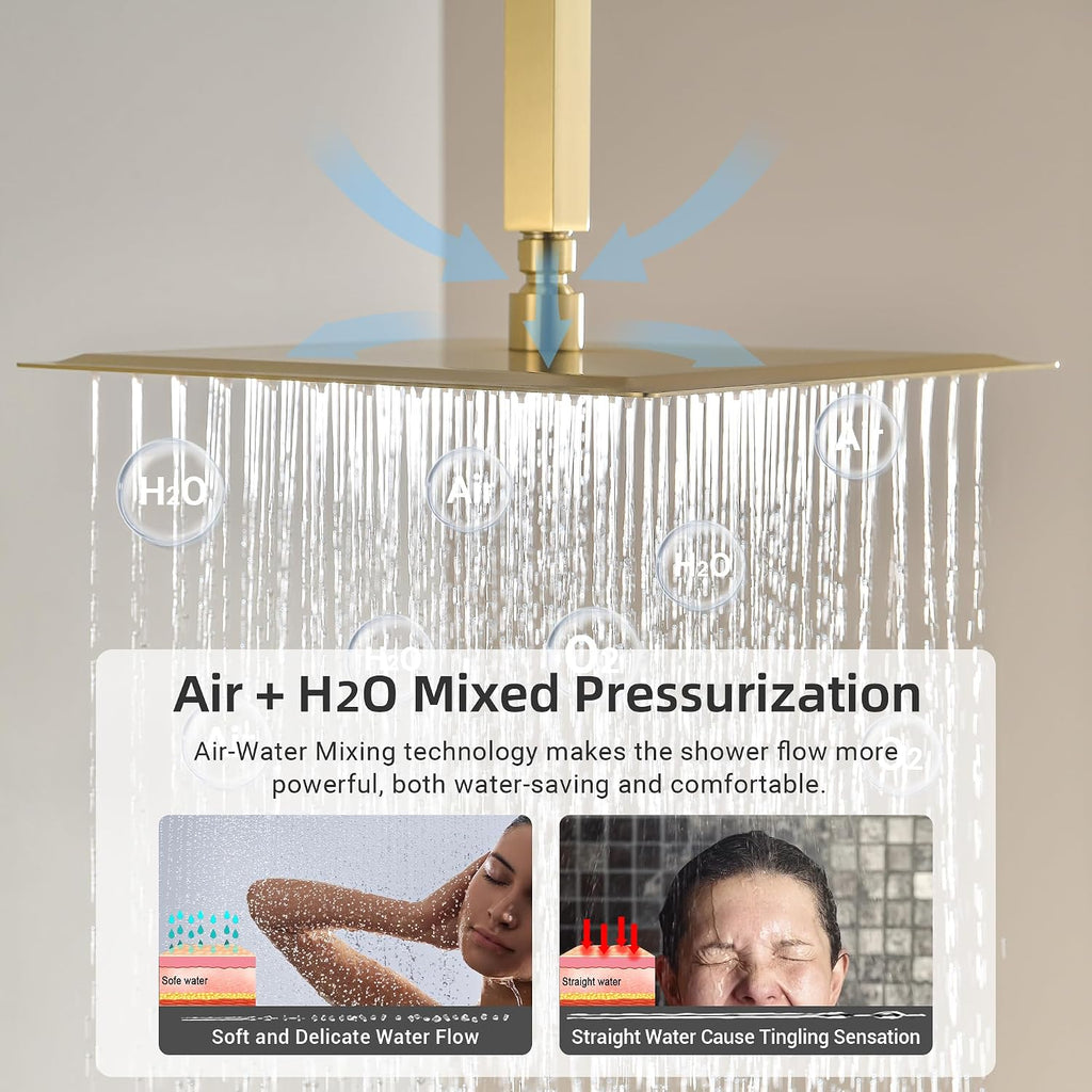 Dasan Brushed Gold Dual Shower Heads System with Ceiling 12-Inch Rainfall Shower & Wall Mount 6-Inch High Pressure Shower Head, Full Body Dual Shower Head Set