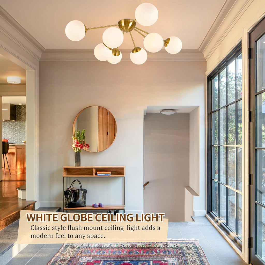 Bagood 8 Light Mid Century Modern Ceiling Light Semi Flush Mount Ceiling Light Fixture Globe Lights Sputnik Chandelier with Milk Glass Shade Brushed Brass Finish for Bedroom Hallway Living Room