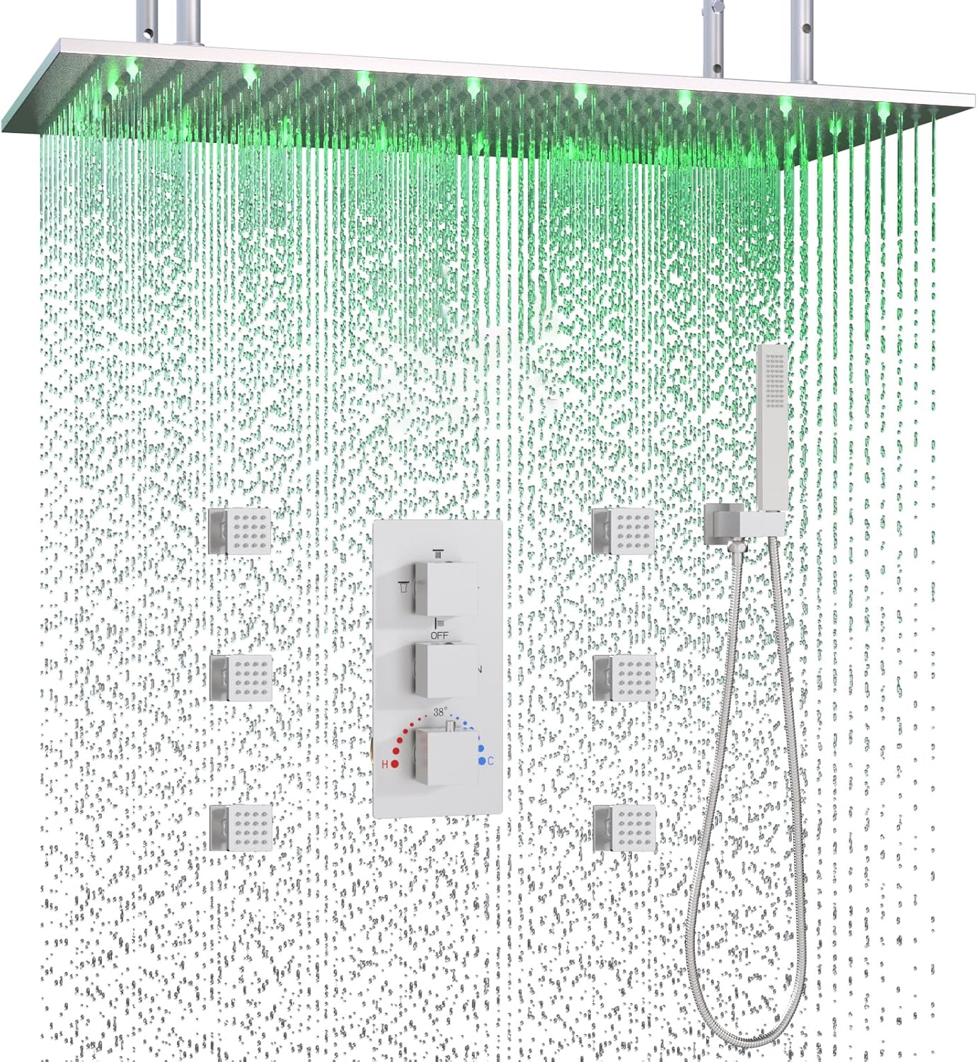 Luxury 15.7x31.5inch LED Rainfall Couples' Shower Multi Shower Head Thermostatic Shower System with Body Spray, Brushed Nickel