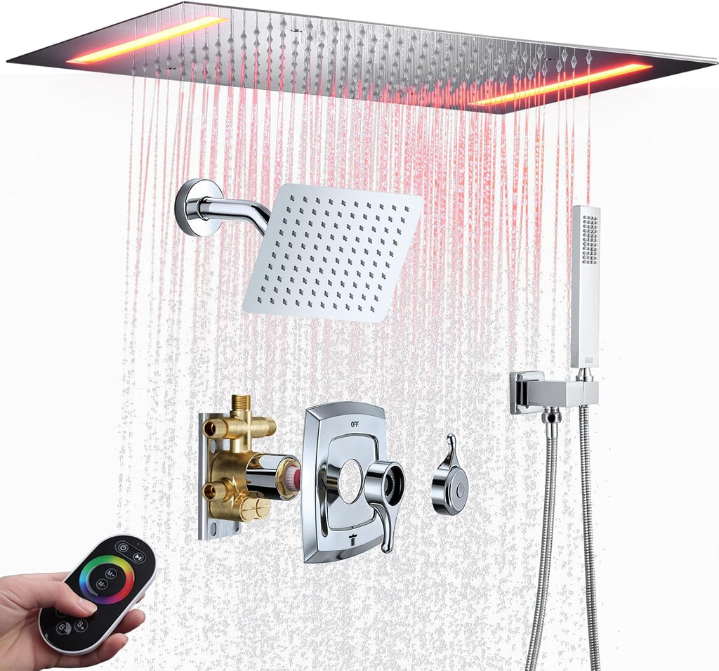 14 X 20 Inch Ceiling LED Rain Shower Head, Dual Rainfall Smart Shower System Set With 8 Inch Wall Head For Two People (Chrome Polished)