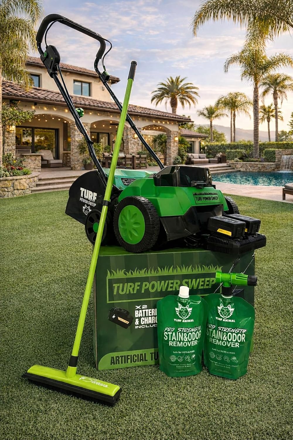 Complete Artificial Turf Care Kit – Includes Cordless Battery Powered Turf Power Sweep Artificial Turf Sweeper, Turf Animal Pro-Strength Odor Remover Starter Kit & Turf Static Sweep Detail Edger Broom
