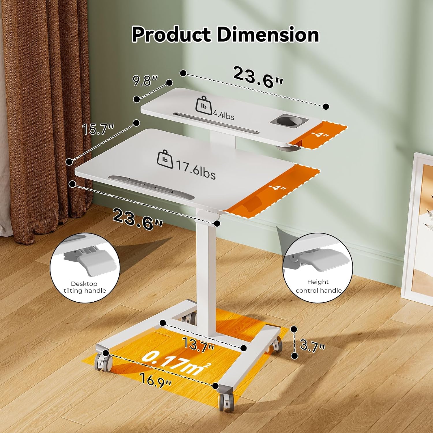 24Inch Rolling Standing Desk On Wheels， Mobile Laptop Stand with Tiltable Desktop， Smaller Computer Workstation Adjustable Height， 2-Tier Portable Study Table with Storage Shelves， White