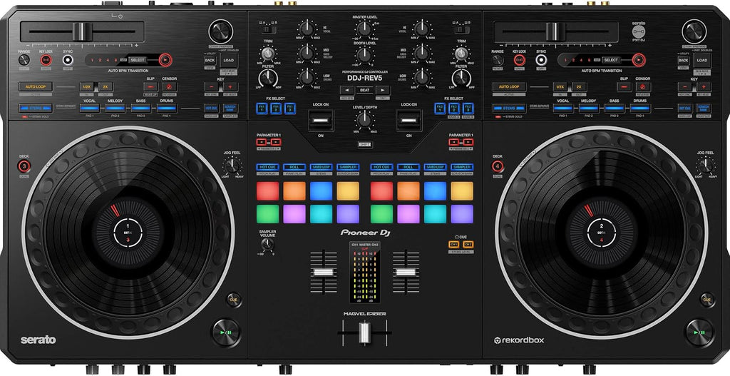 Pioneer DDJ-REV5 4-deck DJ Controller with Cans50 Professional Headphones and LPT5000 Laptop Stand