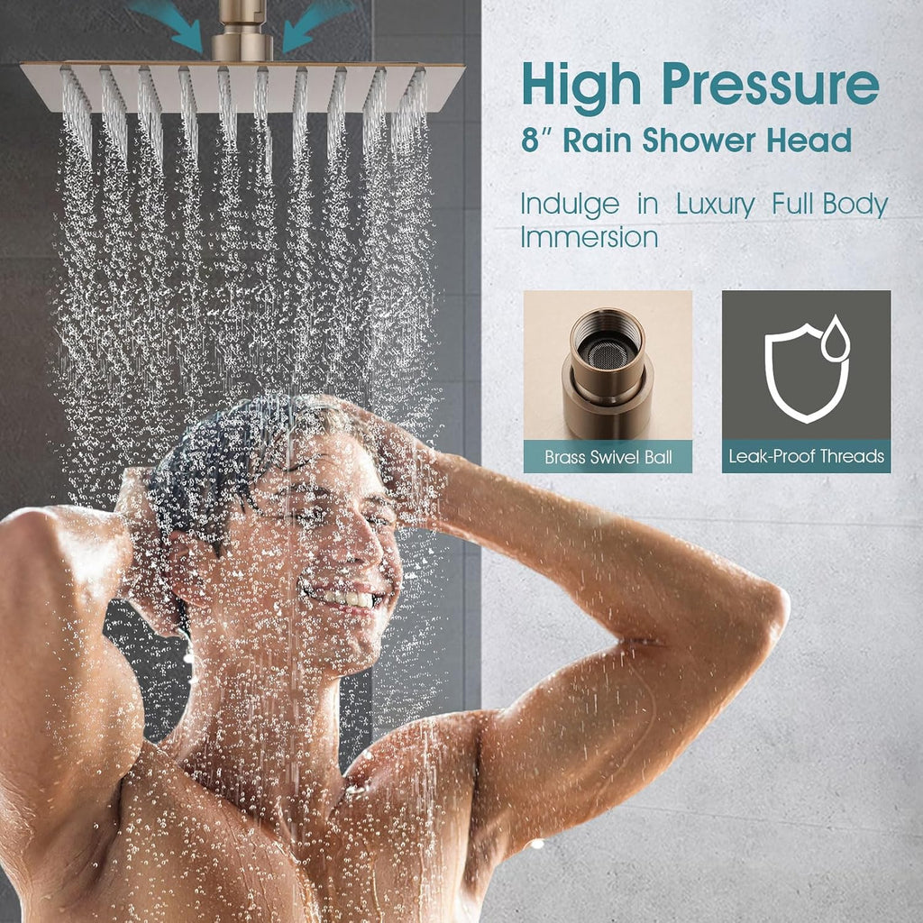 8' Rain Shower Faucet Compatible with Delta 13/14 Series Tub Trim Kit, High Pressure Square Rain Shower Head& Handle Set (Valve& Catridge Not Inclued) (With Tub Spout, Champagne Gold)