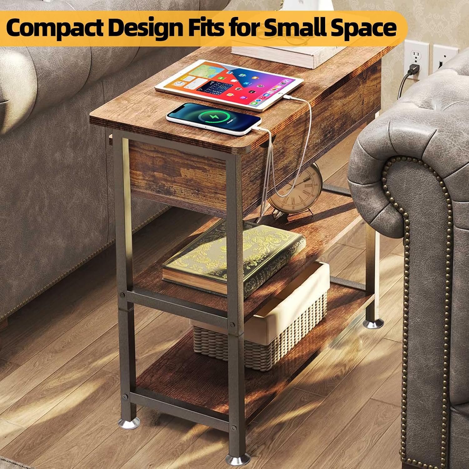 TooCust Flip Top End Table with Charging Station Set of 2, 12' D×21' W×26' H Small Side Tables with Storage & Shelves, Compact Side Table for Small Spaces, End Tables Living Room Set of 2, Brown