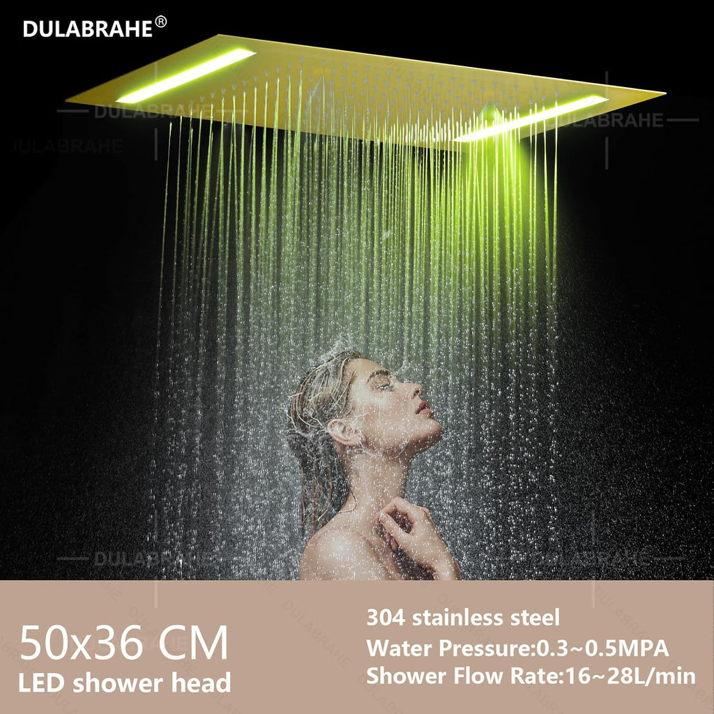 Bathroom Brushed Gold Ceiling 20X14 Inch Rain Shower Head With LED Control Spa Bath Body Massage Combo Set Luxury Rainfall Shower System Fixtures