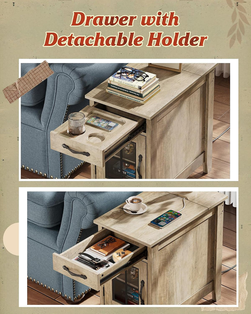 WLIVE End Table with Charging Station, Narrow Side Table for Living Room, Farmhouse Night Stand with Storage, Small Wooden Cabinet Nightstand with USB Ports and Outlets