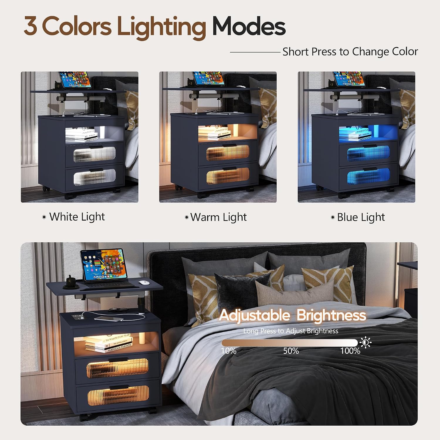 Height Adjustable Nightstand with Charging Station - Swivel Top Bedside Table with LED Lights, Auto Sensor Smart End Table, Dorm Rolling Side Table Laptop Workstaion with Wheels for Bedroom (Grey)