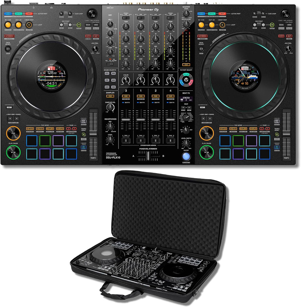 Pioneer DDJ-FLX10 4-Deck DJ Controller Bundle with Headliner HL12007 Lightweight Semi-Hard EVA Case | Rekordbox + Serato DJ Pro | Professional Controller with Custom-Fit Lightweight Protection