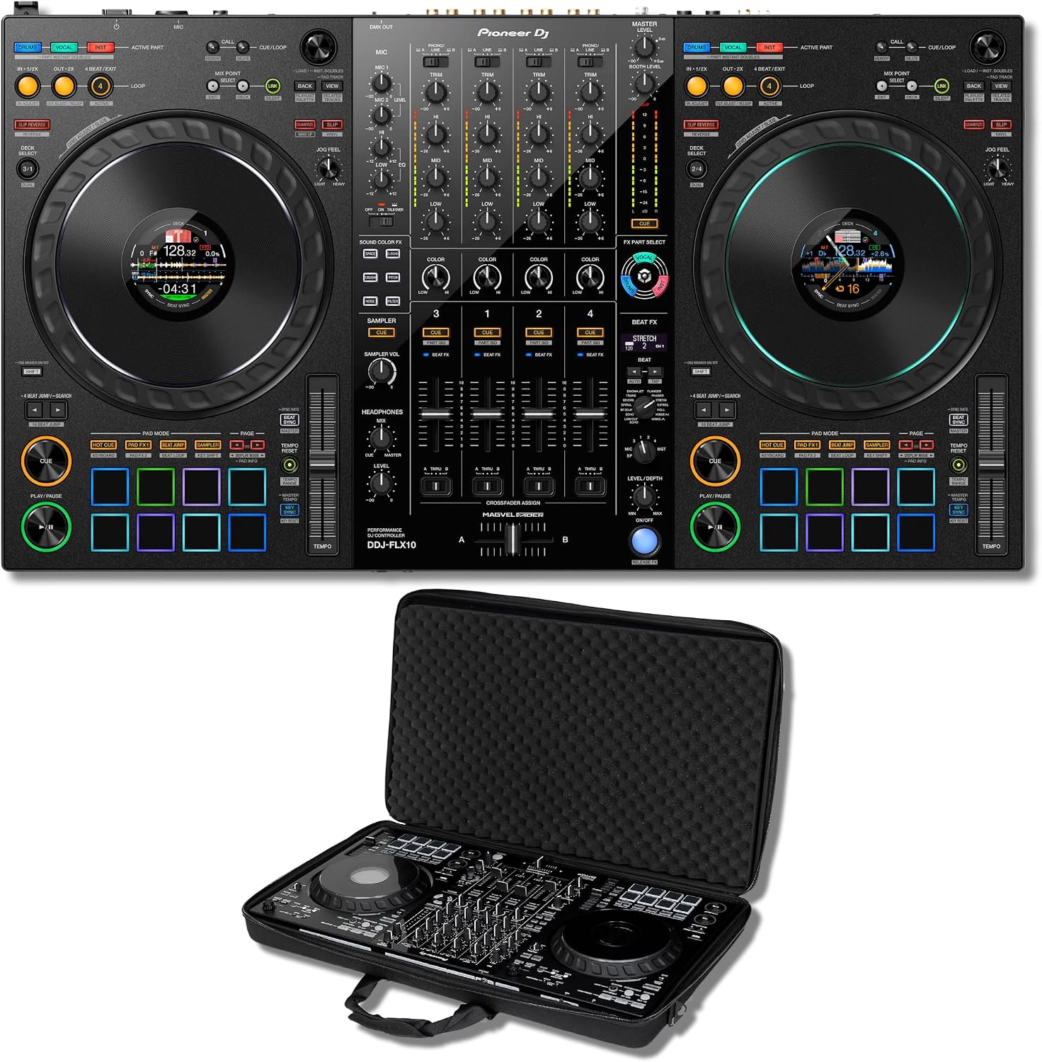 Pioneer DDJ-FLX10 4-Deck DJ Controller Bundle with Headliner HL12007 Lightweight Semi-Hard EVA Case | Rekordbox + Serato DJ Pro | Professional Controller with Custom-Fit Lightweight Protection