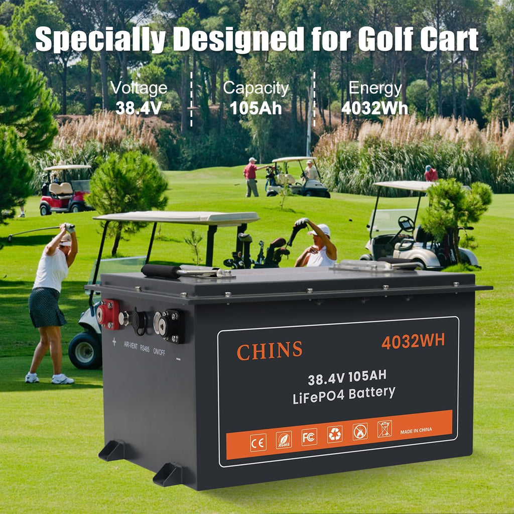 CHINS 36V Lithium Golf Cart Battery, 200A BMS - 1000A Peak Current, with Touch Monitor & Mobile APP, 4000+ Cycles 36V 105AH Lithium Battery with 25A Charger, Perfect for Golf Carts, Trolling Motor
