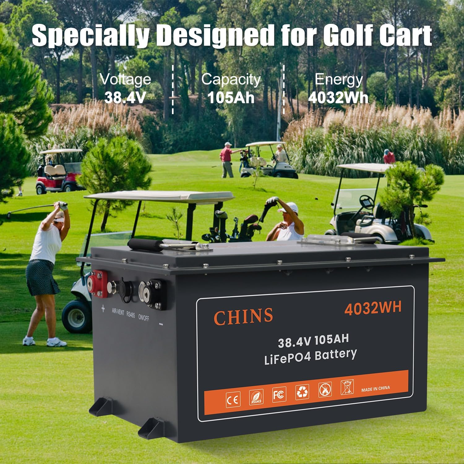 CHINS 36V Lithium Golf Cart Battery, 200A BMS - 1000A Peak Current, with Touch Monitor & Mobile APP, 4000+ Cycles 36V 105AH Lithium Battery with 25A Charger, Perfect for Golf Carts, Trolling Motor