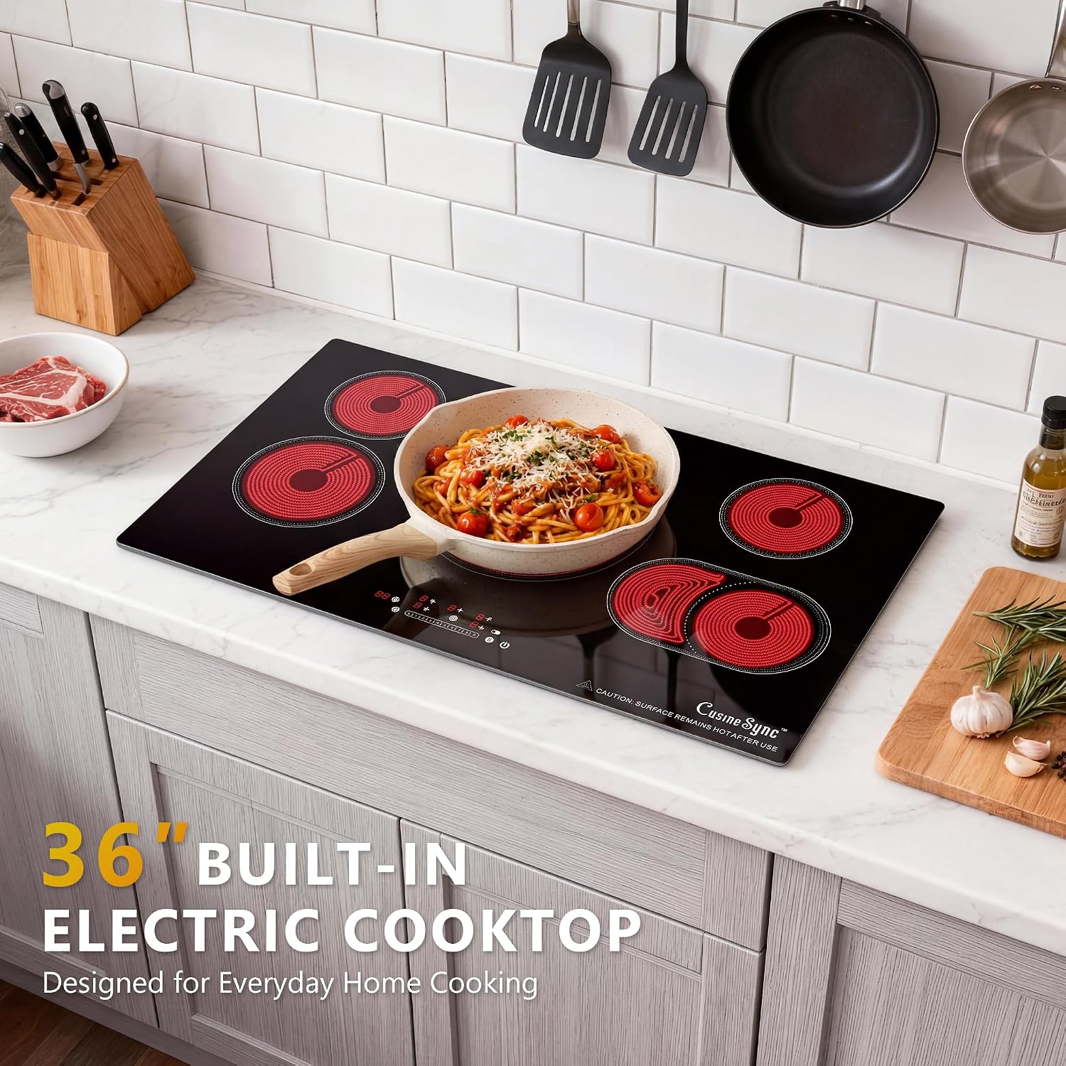 36 Inch Electric Cooktop 5 Burner, Built-In Ceramic Glass Cooktop 220-240V Hardwired, 9200W Radiant Electric Stove Top with Touch Control, 9 Heat Levels, Timer, Safety Lock, Works with All Cookware