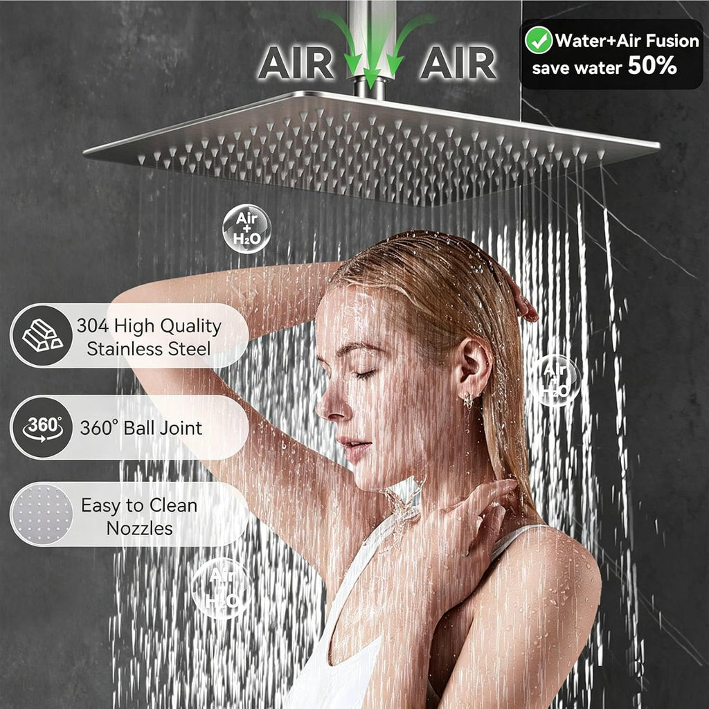 Shower System Brushed Nickel Dual Shower Head with Body Jets, Oupukle Four Modes Shower Faucet Set Ceiling Mount 12' Rain Shower Head & 6' Wall Mounted Head with 6PCS Body Jets