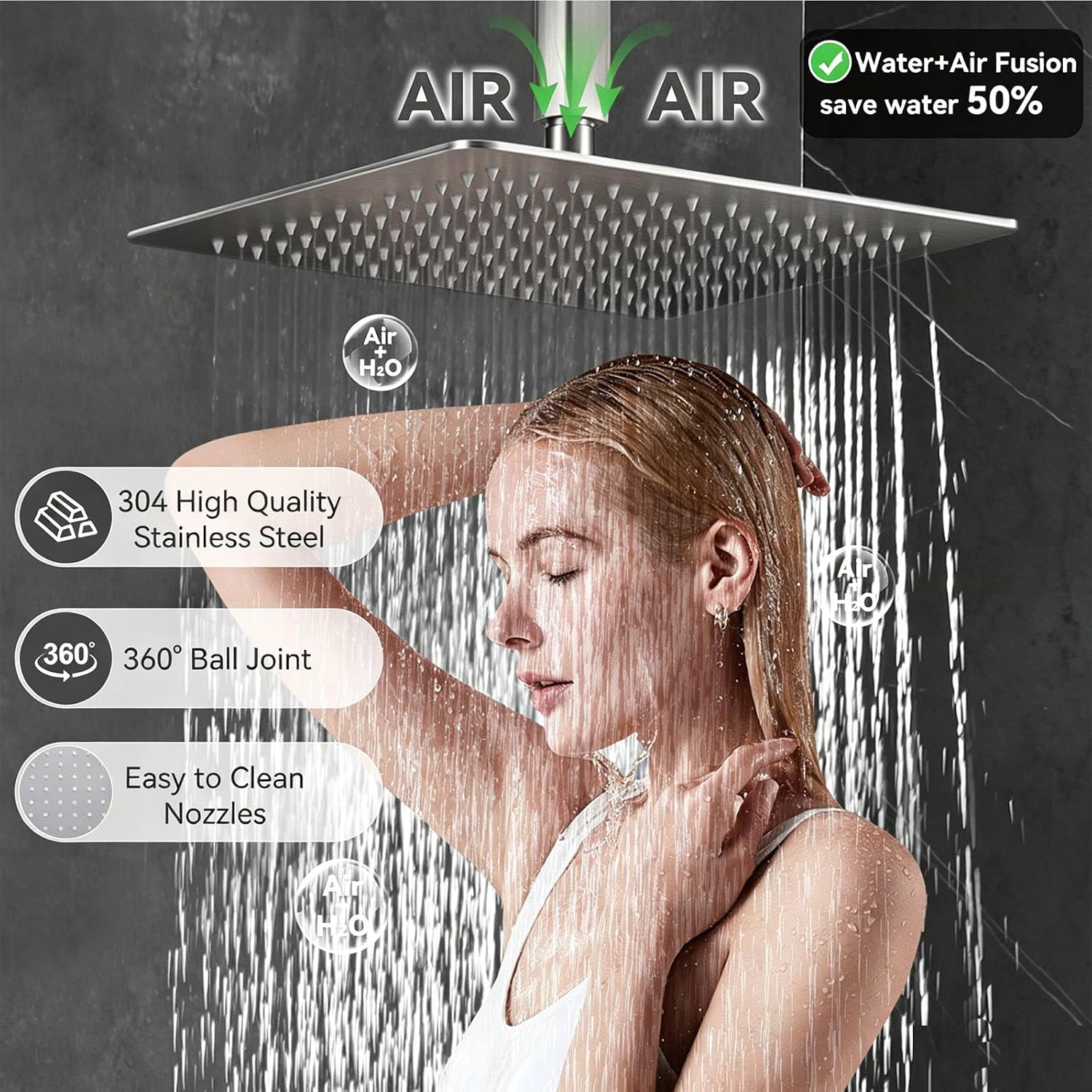 Shower System Brushed Nickel Dual Shower Head with Body Jets, Oupukle Four Modes Shower Faucet Set Ceiling Mount 12' Rain Shower Head & 6' Wall Mounted Head with 6PCS Body Jets