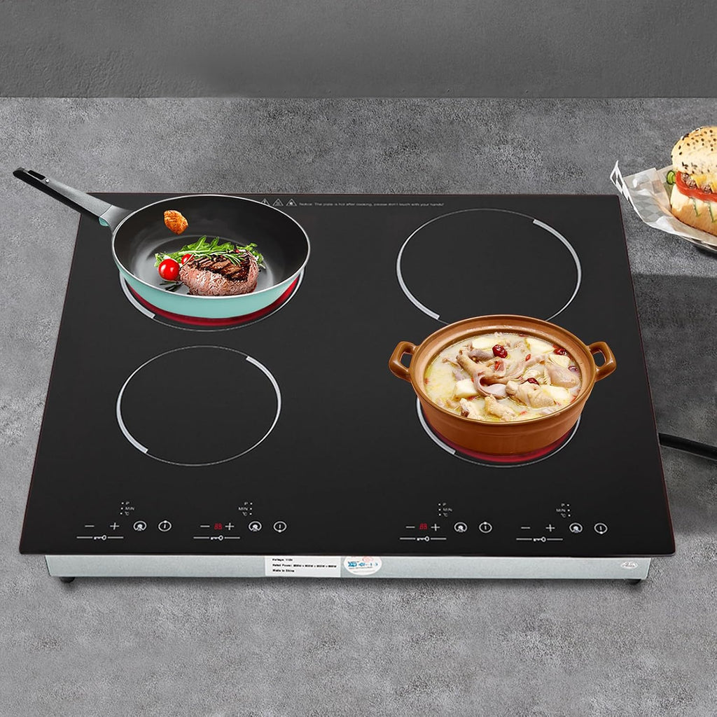 4 Burner Electric Cooktop Electric Stove Top Induction Cooktop Counter top Burner Built-in Electric Ceramic Stovetop Smooth Surface Glass 9 Heating Level Safety Lock,3000W (No Plug)