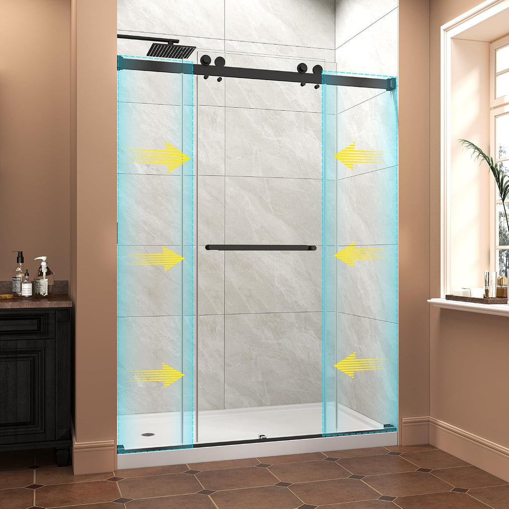 Frameless Shower Door,55-60' W x 76' H Sliding Glass Shower Door,5/16'(8mm) Thick Tempered Clear Glass with Explosion-Proof Film Nano Coating,Waterproof Strip,Matte Black