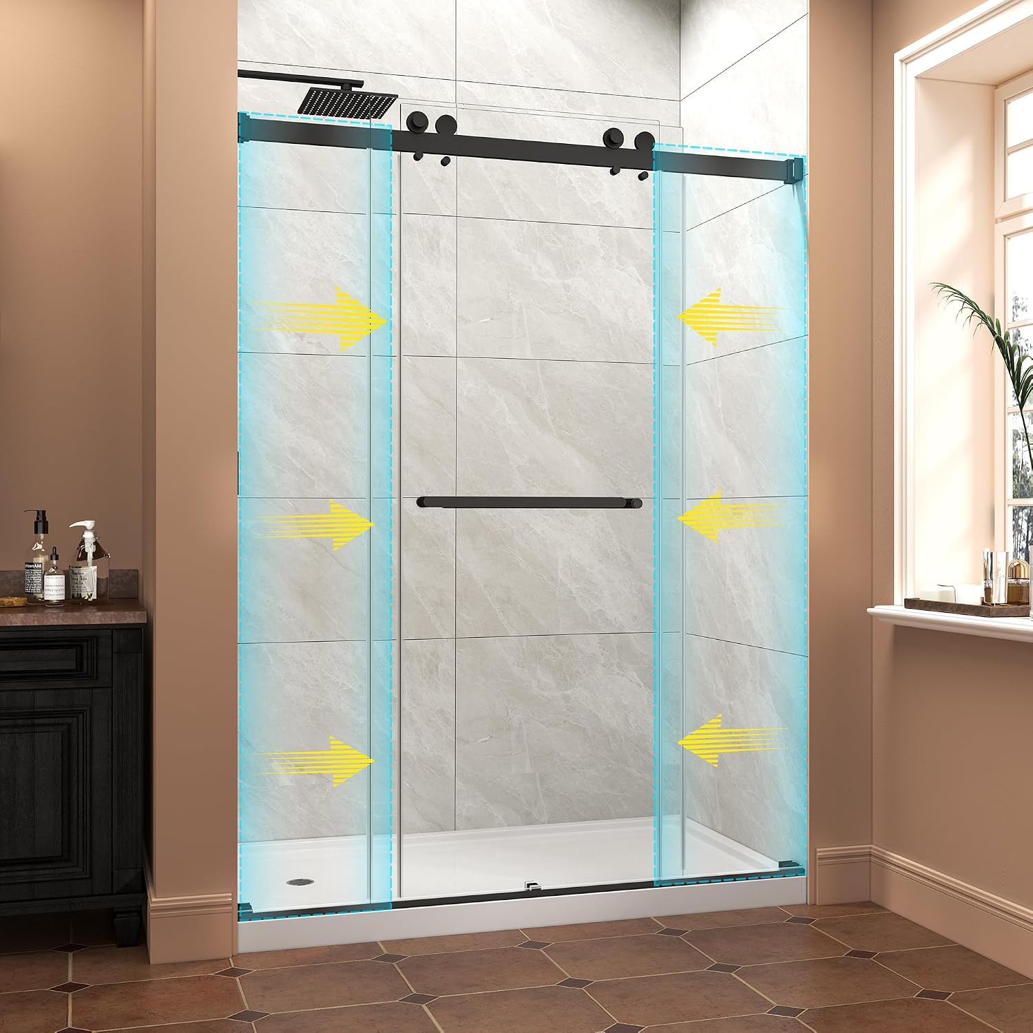 Frameless Shower Door,55-60' W x 76' H Sliding Glass Shower Door,5/16'(8mm) Thick Tempered Clear Glass with Explosion-Proof Film Nano Coating,Waterproof Strip,Matte Black