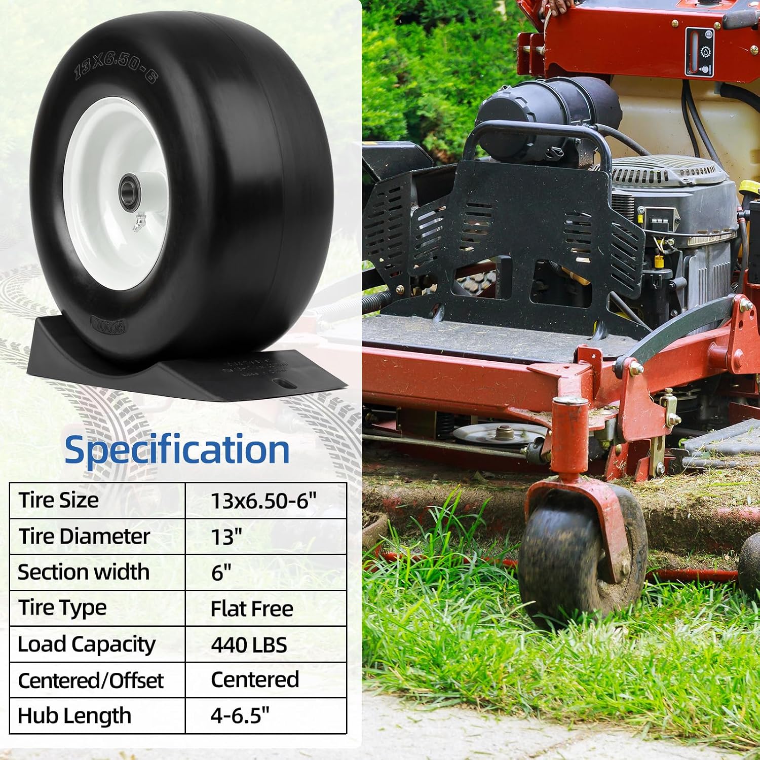 13x6.50-6' Flat Free Lawn Mower Tire and Wheel, Comes with Saver Ramp, 3/4' or 5/8' or 1/2' Bearing Bore, 3'-3.5'-4'-4.5'-5' Centered Hub, Smooth Tread Tire for Zero Turn Mowers, 2 Pcs