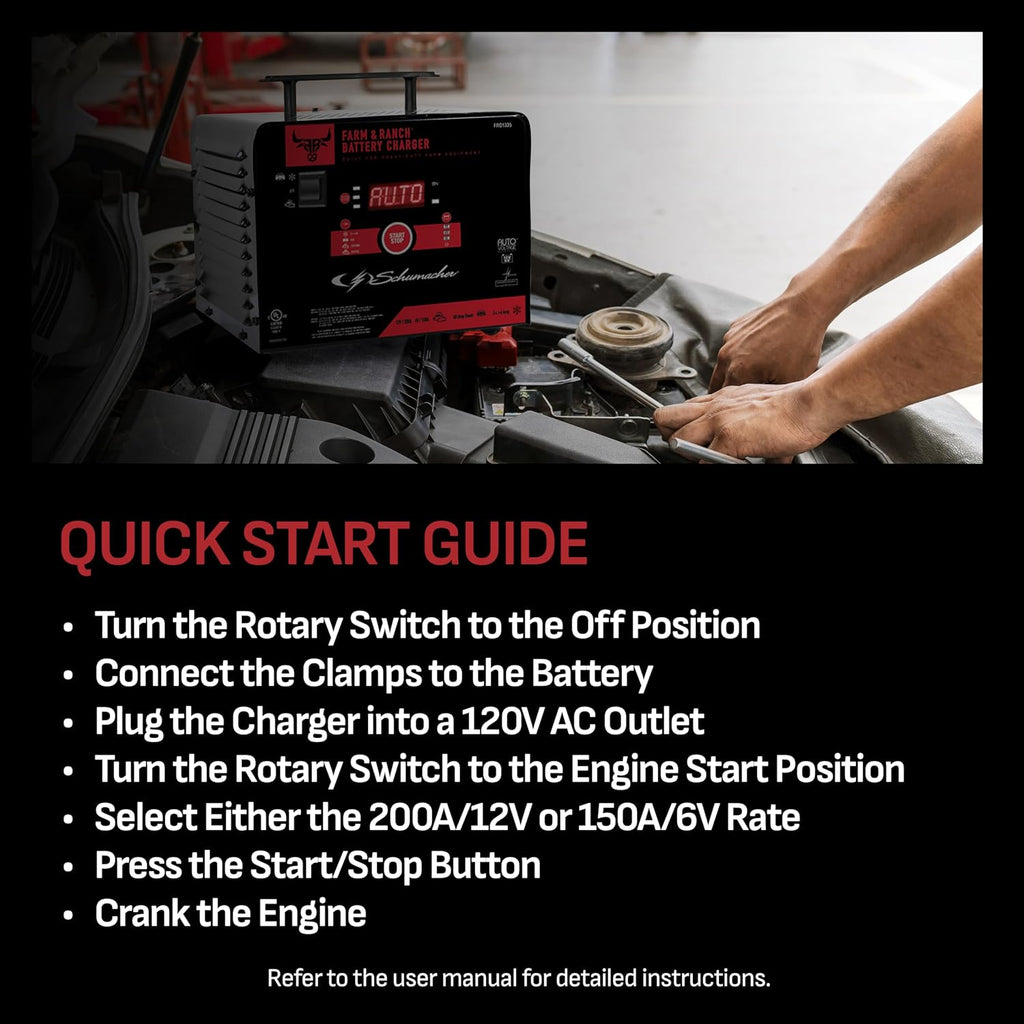Schumacher Electric Farm & Ranch 6A Car Battery Charger and 200A Engine Starter, 4-in-1 Solution, Maintainer, 40A Boost, for 6V/12V Power Sport, Automotive, and Marine Batteries, FR01335