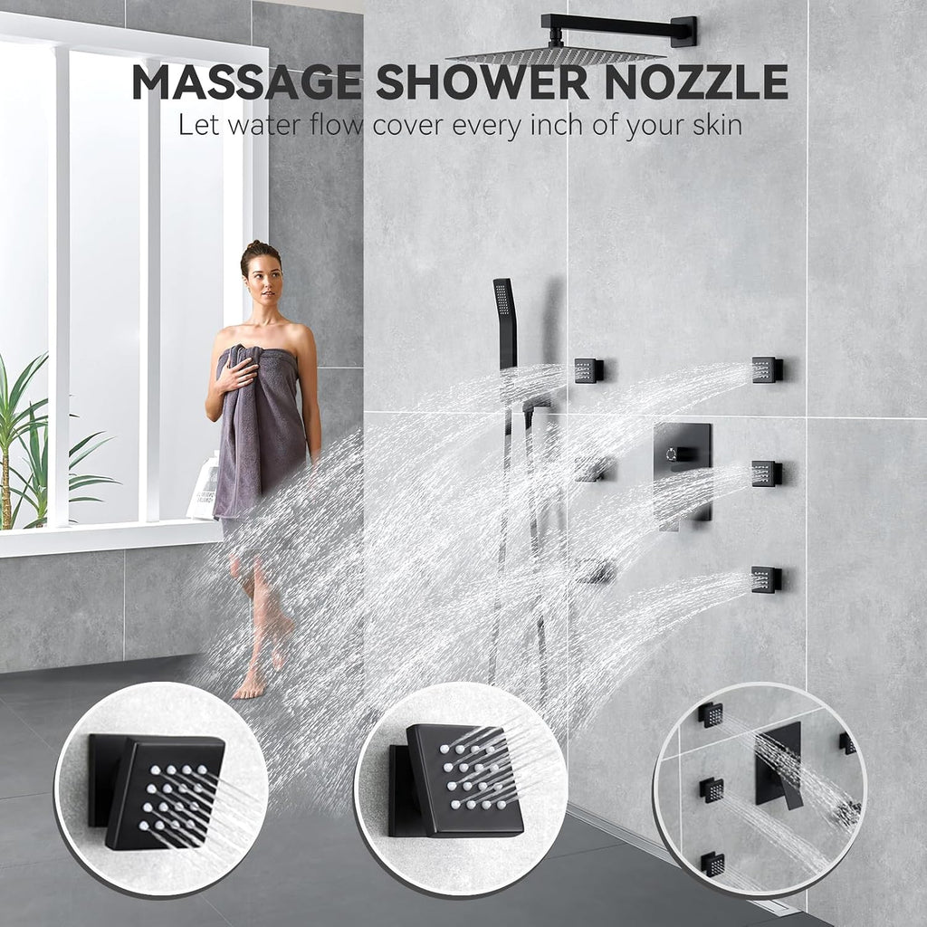 Rain Shower System With Complete 6 Pcs Body Sprays Jets And Pressured Balance Rough-in Valve,12Inch Rainfall Shower Head And Handheld, Modern Matte Black Wall Mount Shower Faucets Sets