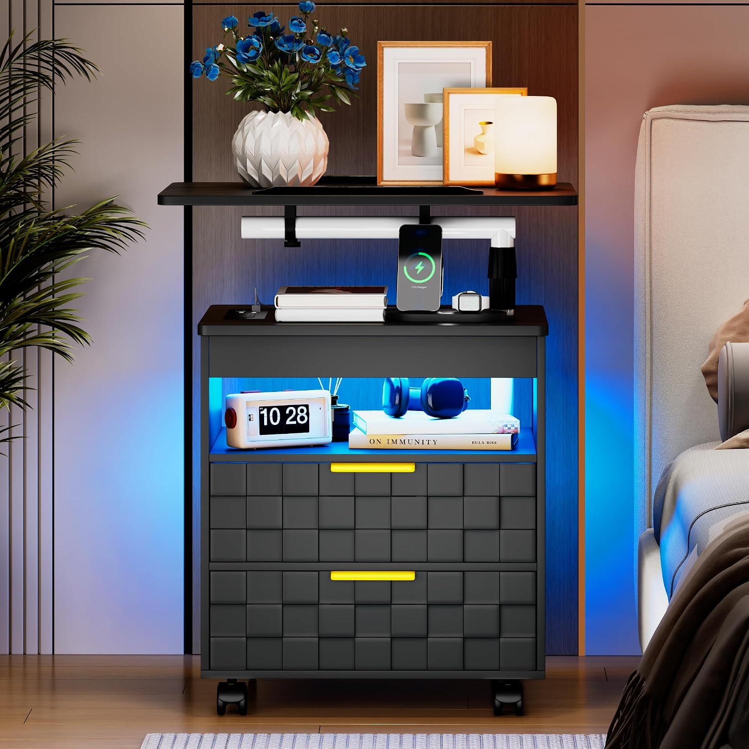 Lareth Height Adjustable Nightstand with Charging Station, LED Bedside Table 2 Drawers, Smart Wooden End Table Dorm Rolling Side Table Laptop Workstaion with Wheels for Bedroom, Black